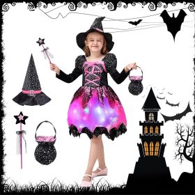 Girls' Light-Up Witch Costume 5-Piece Halloween Set Carnival Party (size: Height 110cm)