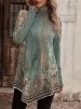 Plus Size Casual Top, Women's Plus Floral Print Long Sleeve High Neck Asymmetric Hem Tunic Top