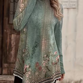 Plus Size Casual Top, Women's Plus Floral Print Long Sleeve High Neck Asymmetric Hem Tunic Top (Color: Green, size: Plus 2XL(18/20))