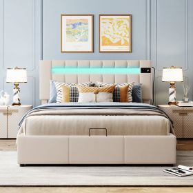 Upholstered Bed Queen Size with LED light;  Bluetooth Player and USB Charging;  Hydraulic Storage Bed in  Velvet Fabric (Color: Beige)
